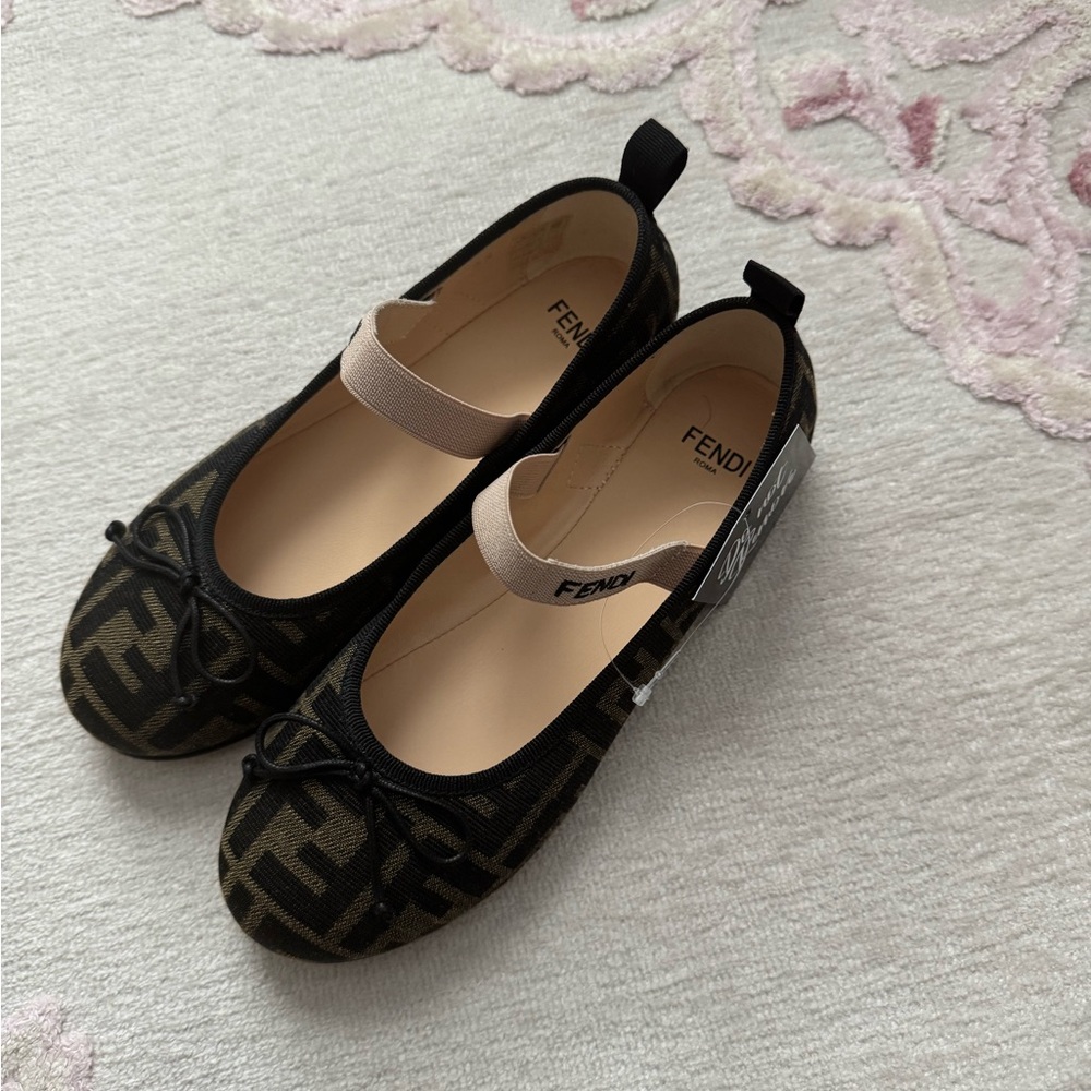 Fendi Kids Black and Tan Logo Ballet Flats